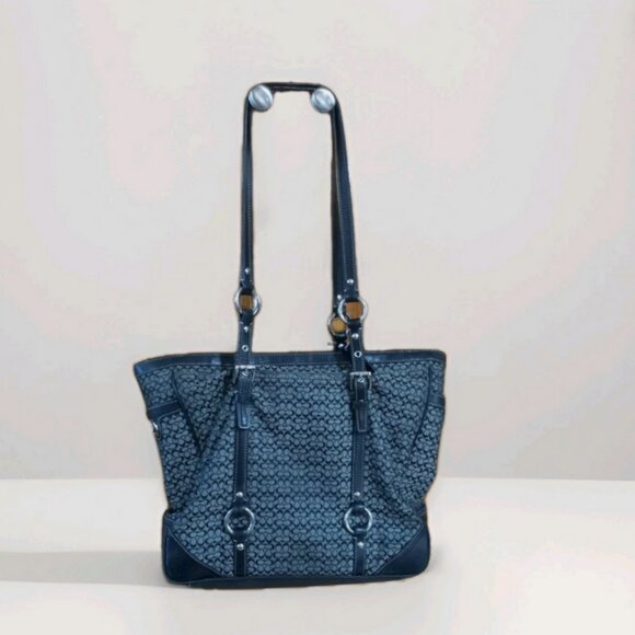 Coach F11527 Signature Jacquard Tote Shoulder Bag Black Gray Leather Trim Clean - Picture 1 of 5